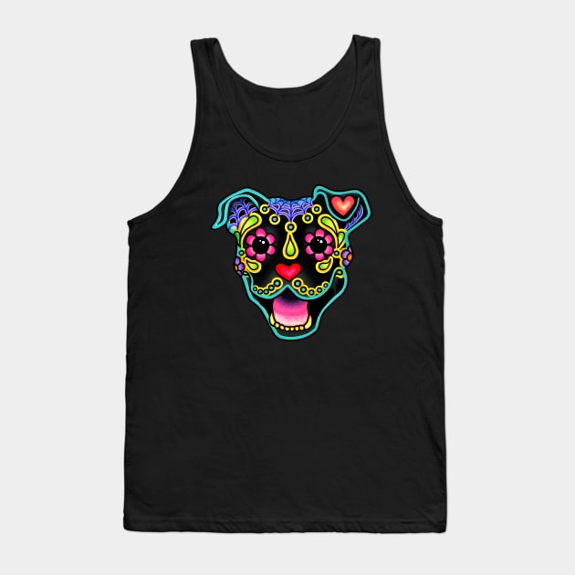 Smiling Pit Bull in Black - Day of the Dead Pitbull Sugar Skull Dog Tank Top by prettyinink